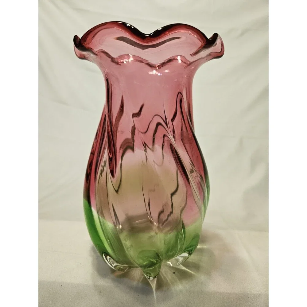Vintage Hand Blown Teleflora Watermelon Pink Green Swirl Scallop Glass 8